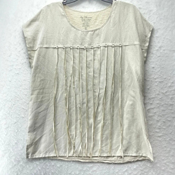 Chico's Tops Womens S 2 Ivory Round Neck Tassel Mesh Front Short Sleeve Pullover - Picture 1 of 10